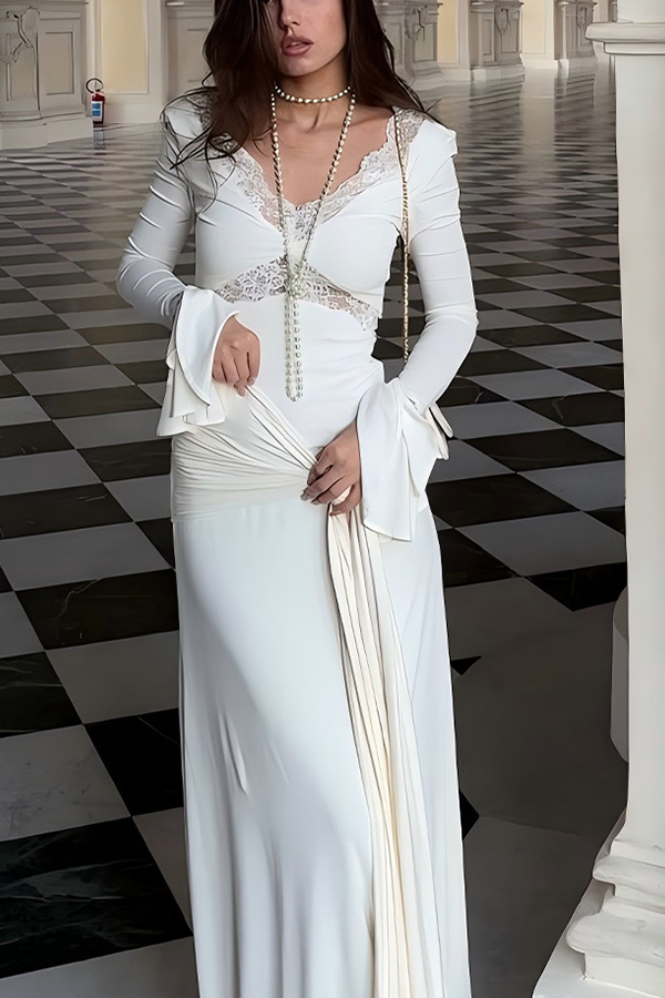 Fashion Lace Splicing Sexy V-neck Long-sleeved Slim Maxi Dress-consonak