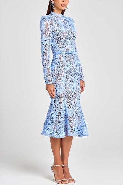 Feminine and Elegant Flower Lace Long Sleeve Bow Belted Flare Midi Dress-consonak