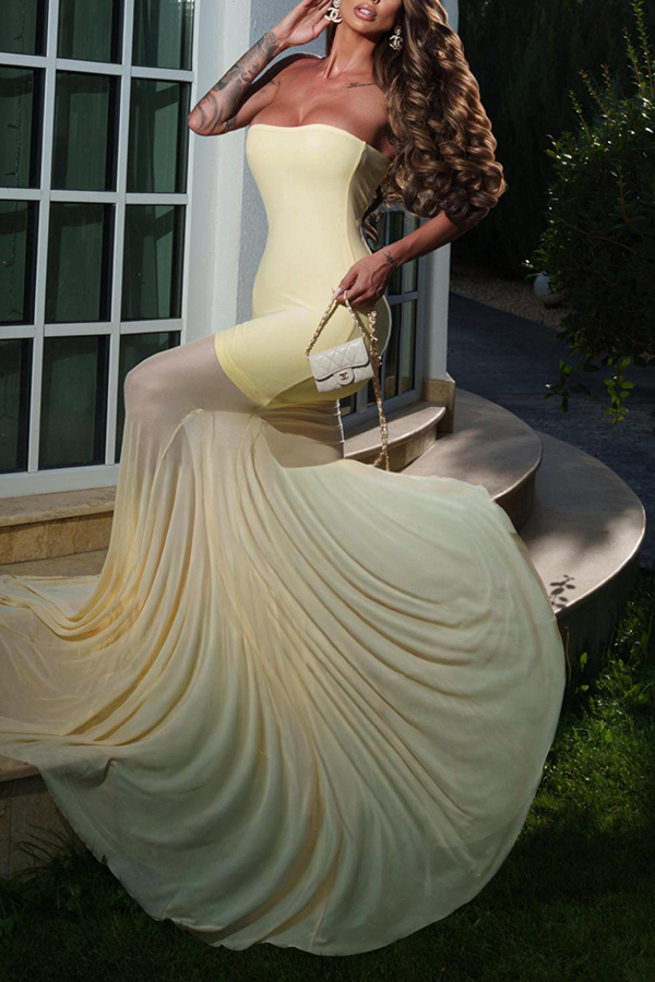 Solid Color Sleeveless Off-shoulder Mesh-paneled Fitted Maxi Dress-consonak