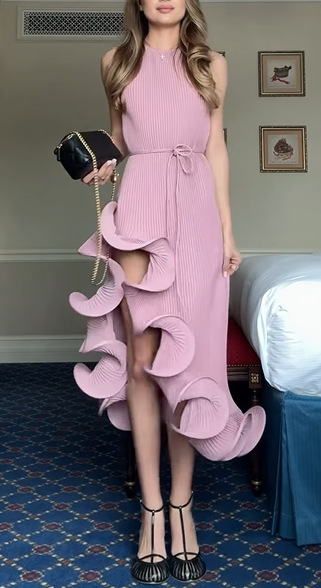 Solid Color Sleeveless Waist Tie Irregular Ruffle Slim Midi Dress-consonak