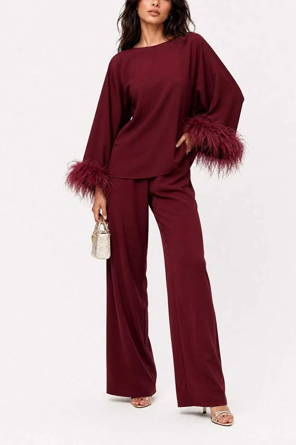 Feather Trim Cuff Black Satin Co Ord Set Long Sleeve Blouse Wide Leg Trousers Party Suit