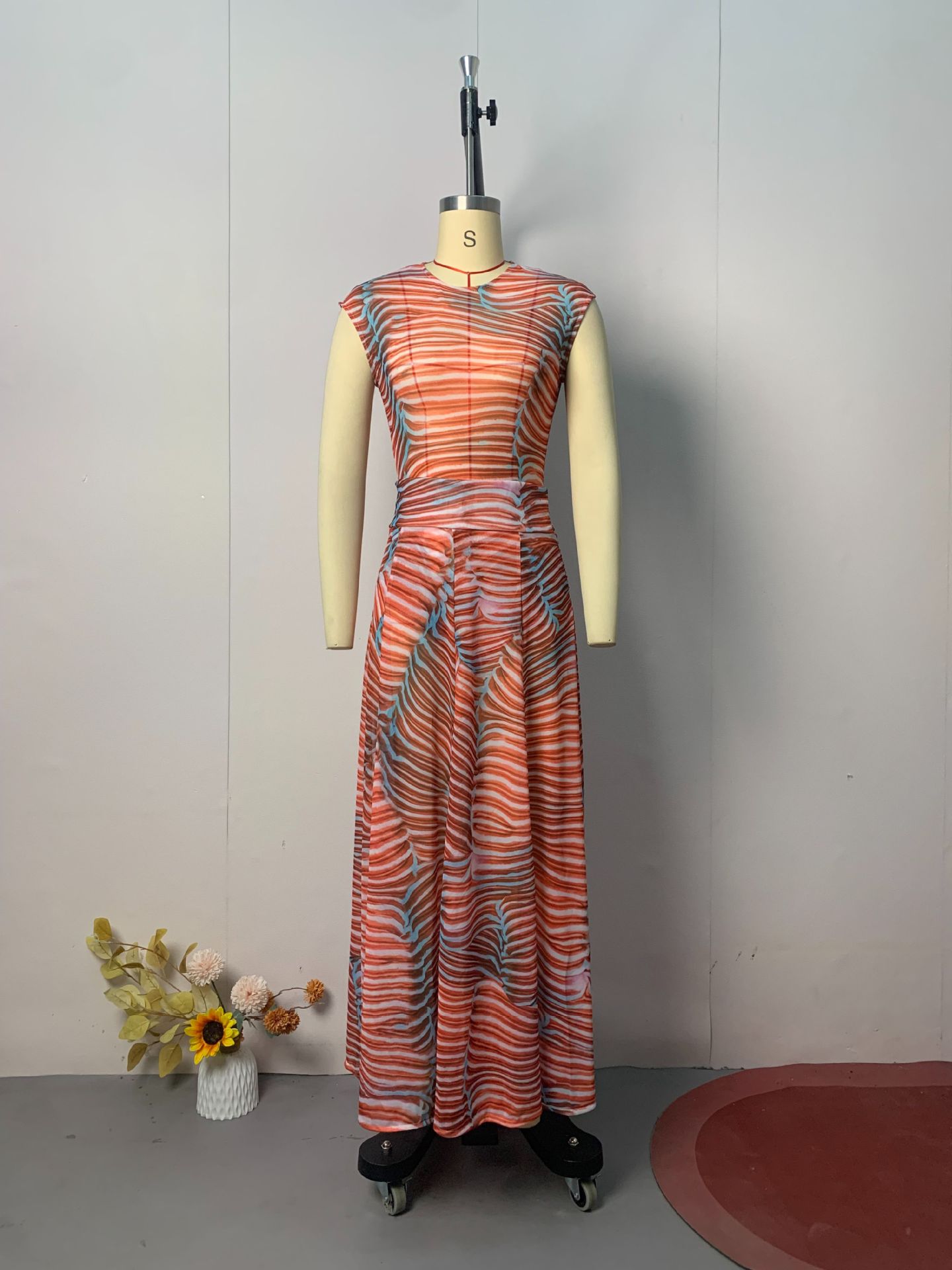 Bella Stretch Mesh Unique Print Bodysuit and High Rise Elastic Waist Maxi Skirt Set-consonak