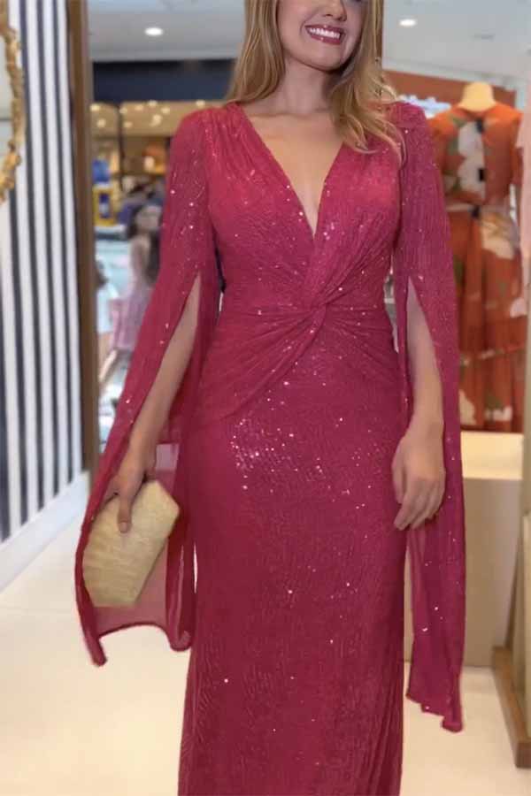 Shine Brighter Sequin Cape Sleeve Cross Waist Evening Maxi Dress | Consonak