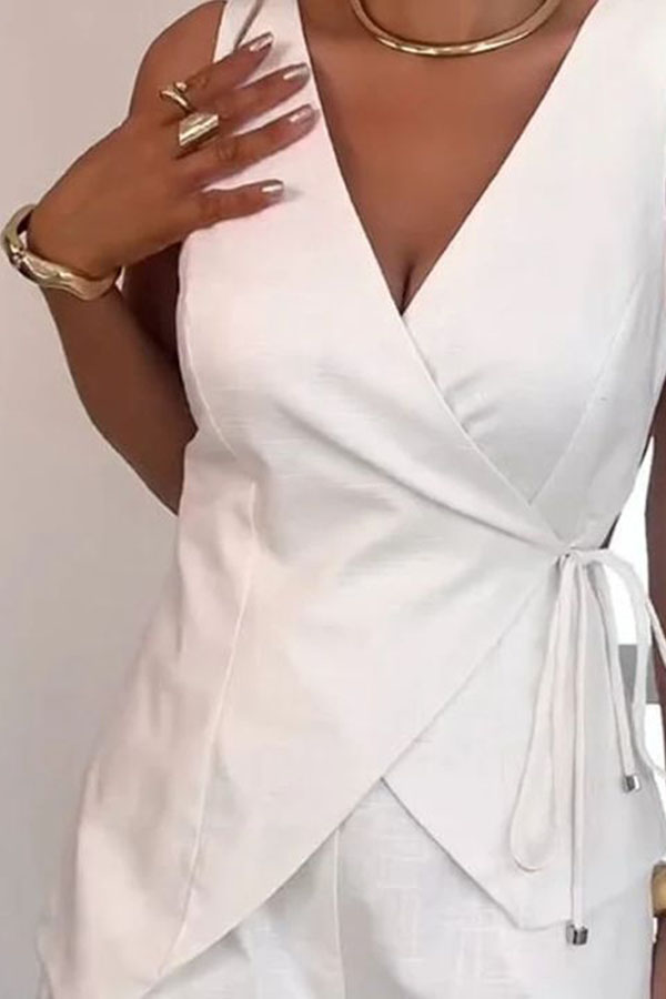 Solid Color Casual Sleeveless V-neck Top and Loose Shorts Set-consonak