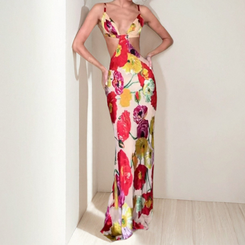 Hawaiian Dreams Satin Floral Print Cutout Backless Maxi Dress-consonak
