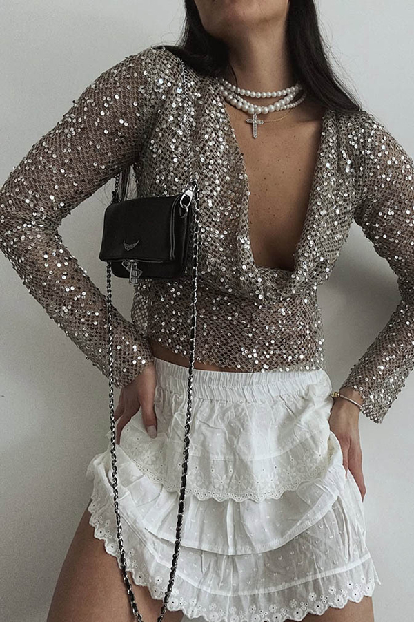 Fashionable Sequined Fishnet Casual Long-sleeved Top