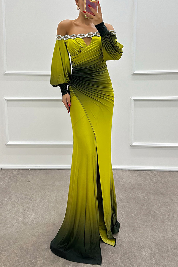 Julieta Gradient Print Boat Neck Off Shoulder Gem Detail Slit Gown Maxi Dress | Consonak