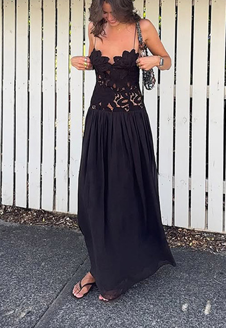 Stephanie Flower Crochet Lace Bust Chiffon Fluffy Hem Maxi Dress-consonak