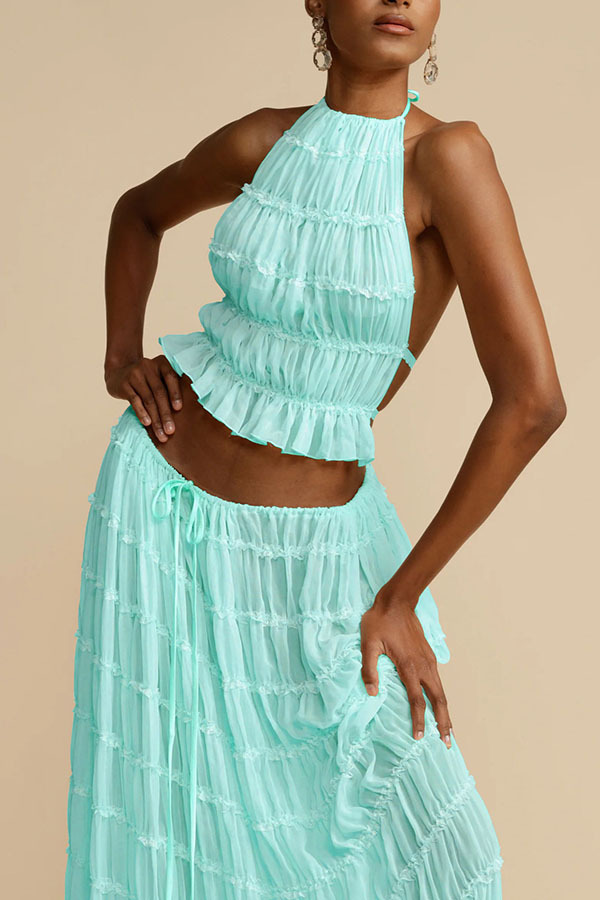 Versatility and Vintage Charm Pleated Drawstring Waist Tiered Maxi Skirt-consonak