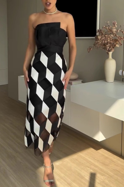 Sexy Tube Top and Backless Rhombus Contrast Midi Dress-consonak