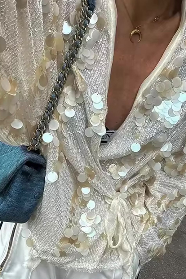 Fashion Sequined Casual Long-sleeved Tie Loose Coat-consonak