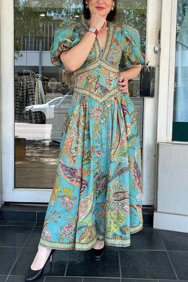 Chic Vacation Linen Blend Unique Print Button Puff Sleeve Pocket Maxi Dress-consonak