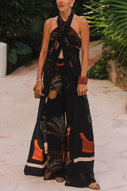 Jungle Elf Unique Print Halter Slit Midi Tank and Elastic Waist Wide Pants Set-consonak