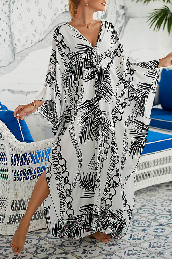 Simple Unique Printed Pleated Front Slit Cover Up-consonak