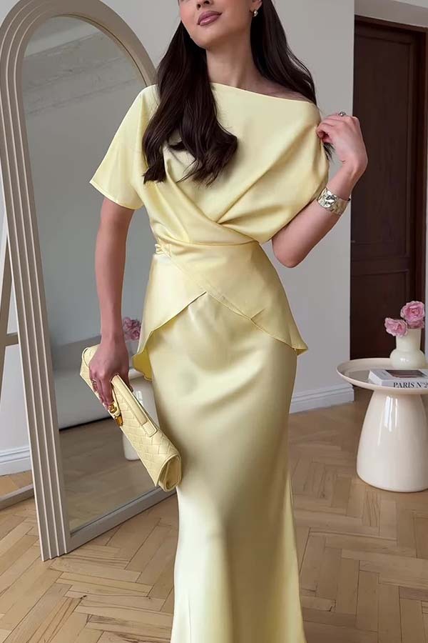 Secret of Elegance Satin Slit Back Lace-up Top and Elastic Waist Flare Maxi Skirt Set