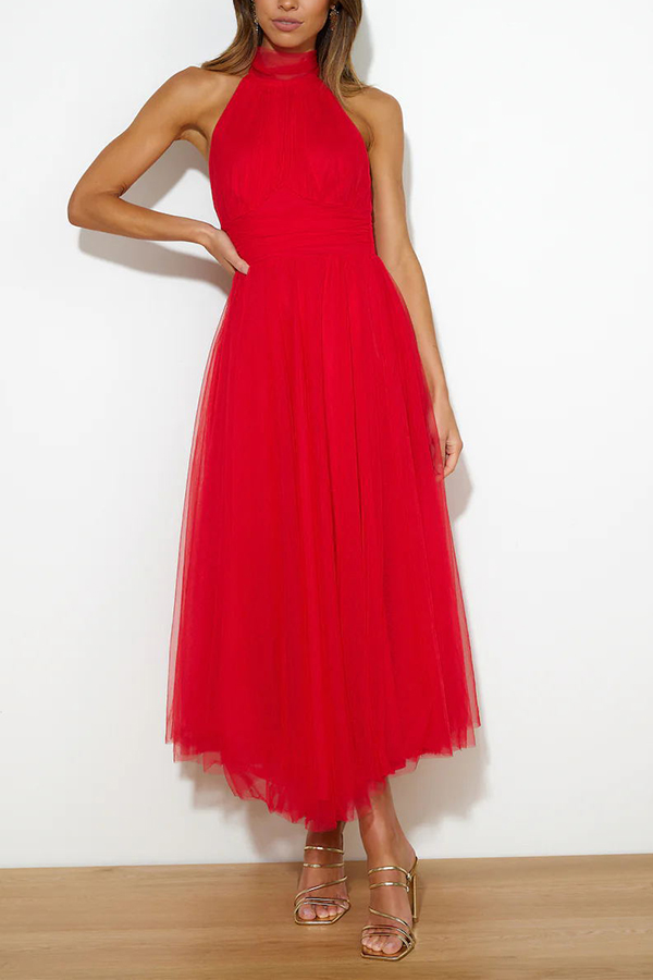 Fairy Vibes Tulle Gathered Detail Halter Maxi Dress-consonak