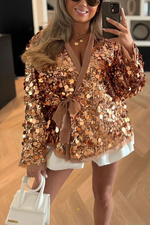 Fashion Sequined Long-sleeved V-neck Loose Lace-up Cardigan-consonak