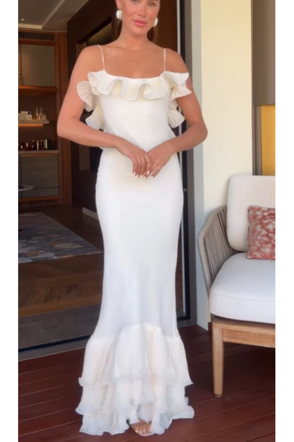 Alisin Pleated Chiffon Wavy Ruffles Trim Slip Maxi Dress-consonak