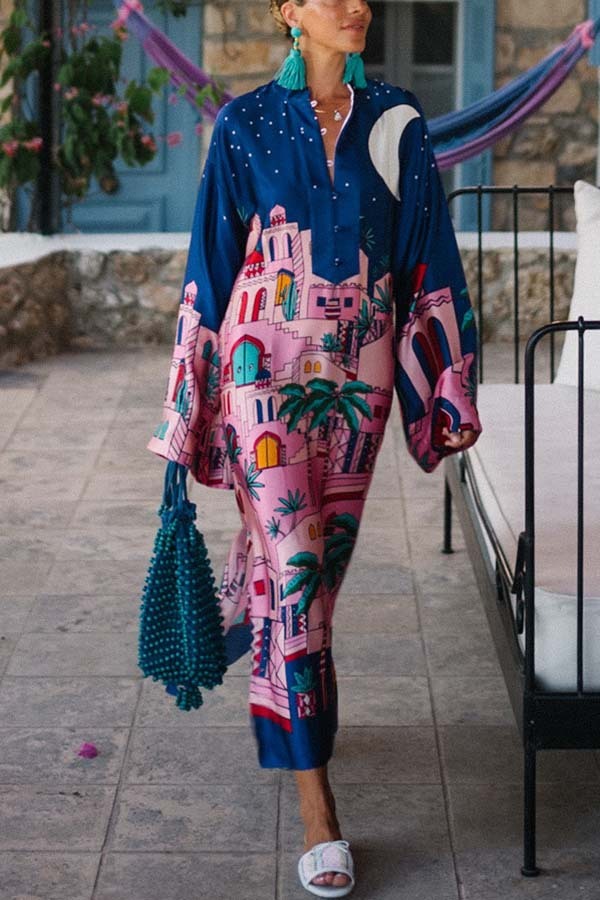 Seaside Stroll Satin Unique Print Button Up Long Sleeve Slit Kaftan Midi Dress-consonak