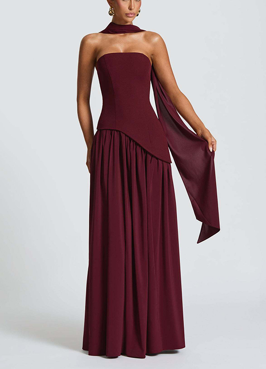 consonak Strapless Back Lace-up High Slit Splice Maxi Dress-consonak