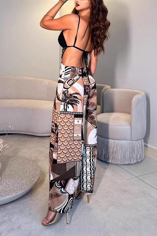 Tulum Dreaming Strap Cross Design Patchwork Printed Elastic Waist Backless Jumpsuit-consonak