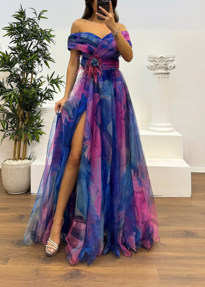 Fairy Flower Feather Pendant Elegant Fallen Fold Off Shoulder Party Split Design Long Dress-consonak