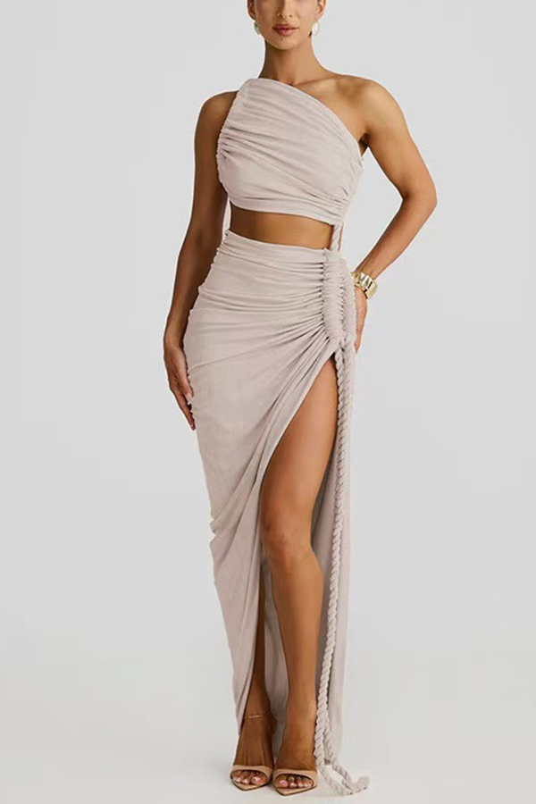 Juliana Rope Detail Ruched One Shoulder Cutout Stretch Maxi Dress-consonak