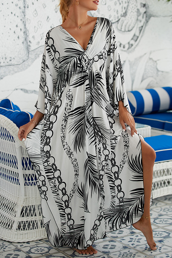 Simple Unique Printed Pleated Front Slit Cover Up-consonak