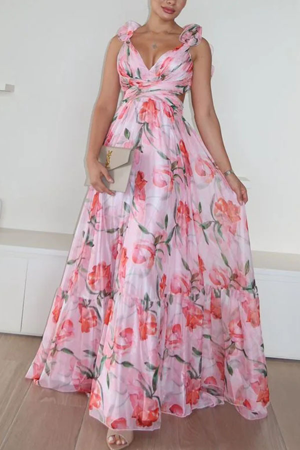 Whimsy Grace Tulle Floral Ruffle Detail Back Lace-up Pleated Maxi Dress-consonak