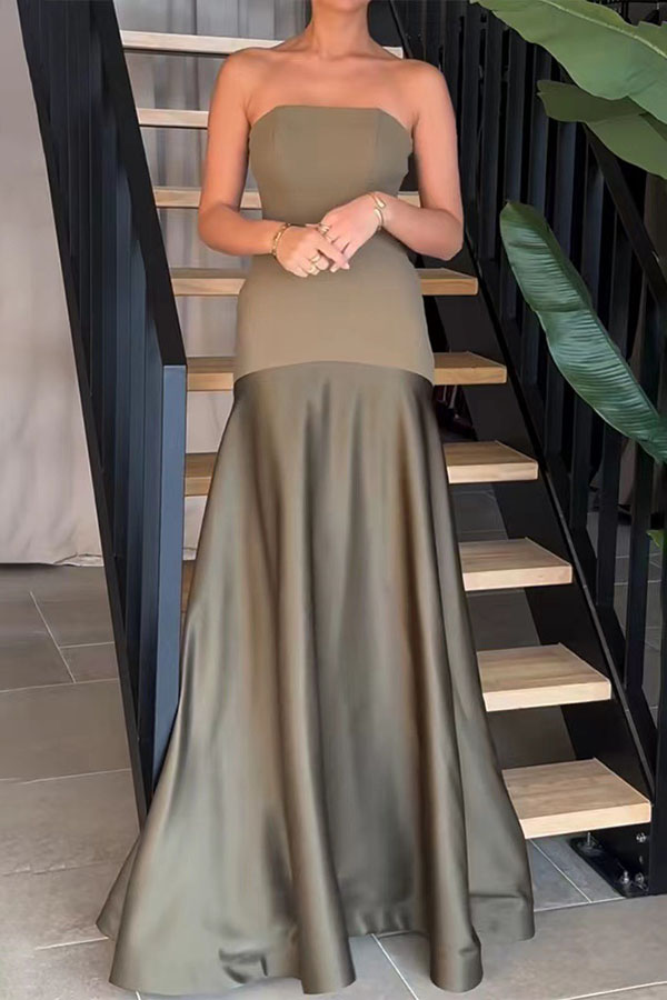 Timeless Elegance Satin Patchwork Strapless Flare Gown Maxi Dress-consonak