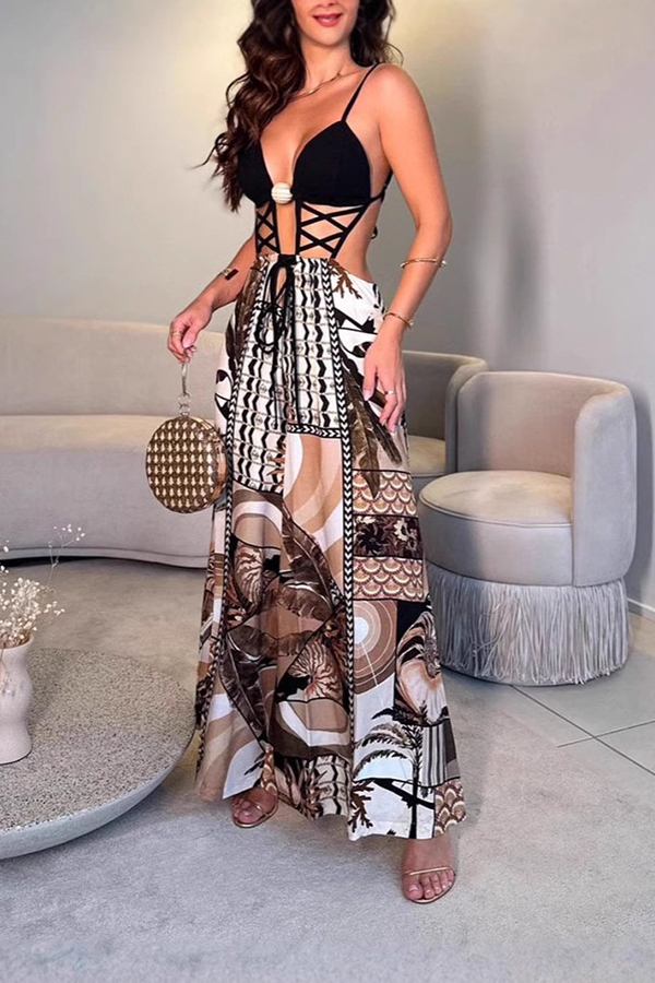 Tulum Dreaming Strap Cross Design Patchwork Printed Elastic Waist Backless Jumpsuit-consonak