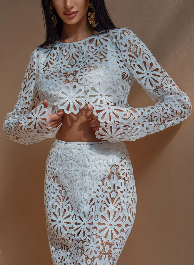 Balmy Summers Crochet Lace Floral Pattern Long Sleeve Crop Vacation Top | Consonak