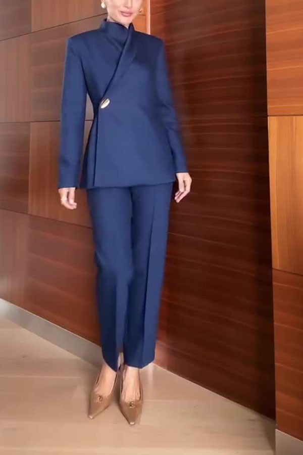 Elegant Women’s Navy Blue Pantsuit – Slim Fit Blazer with Asymmetric Button and Tailored Trousers for Business Office Wear-consonak