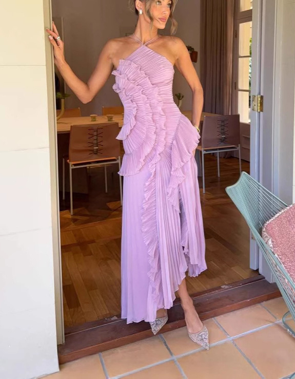 Dream Ode Lily Pad Style Pleats and Ruffles Halter Gown Maxi Dress-consonak