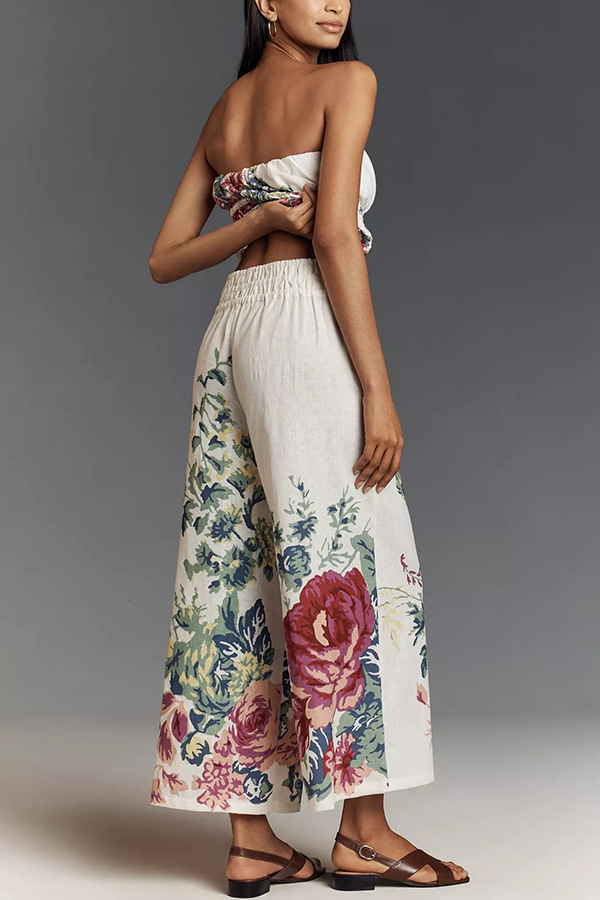 In To The Summer Linen Blend Floral Print Elastic Bandeau and Elastic Waist Pocket Loose Pants Set-consonak