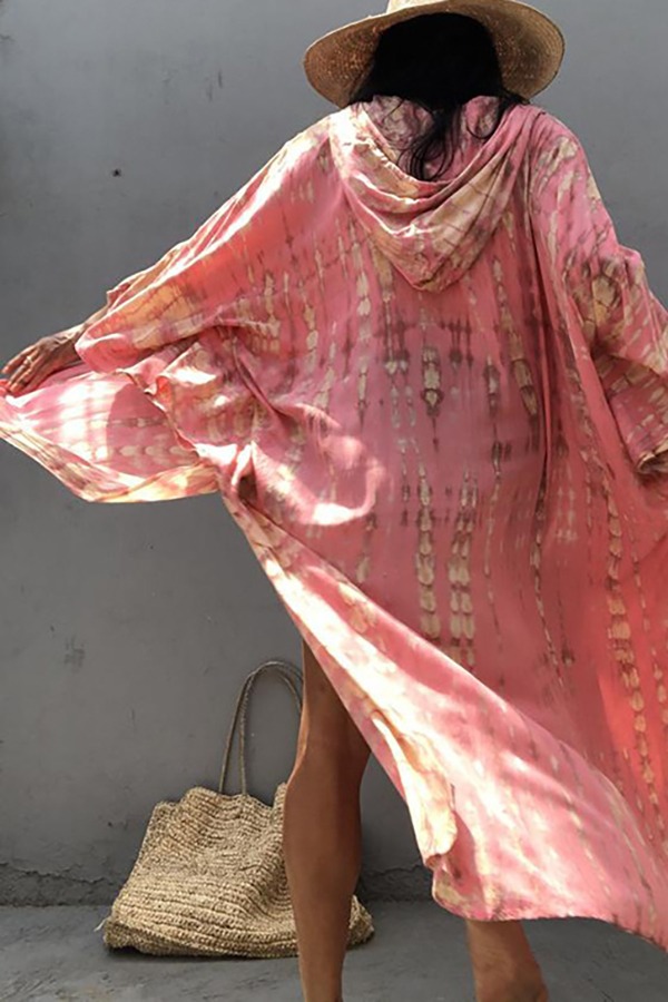 Boho Tie-dye Print Hooded Kimono Cover-up-consonak