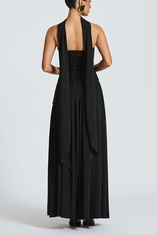 consonak Strapless Back Lace-up High Slit Splice Maxi Dress-consonak