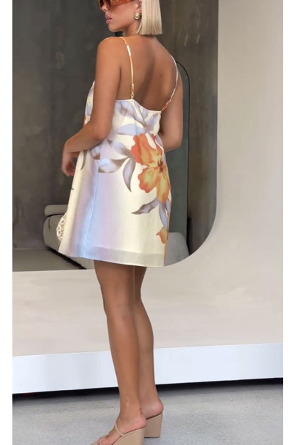 Summer Surprise Linen Blend Floral Print Slip H-line Mini Dress-consonak