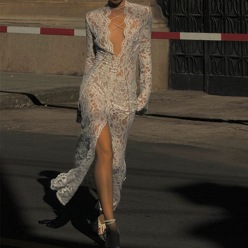 Garcelle Floral Lace Lace-up Long Bell Sleeve Slit Midi Dress-consonak