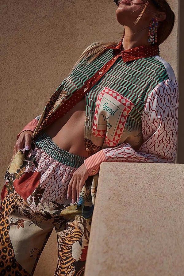 Tropical Jungle Tiger Unique Print Long Sleeve Loose Shirt and Elastic Waist Pants Set-consonak