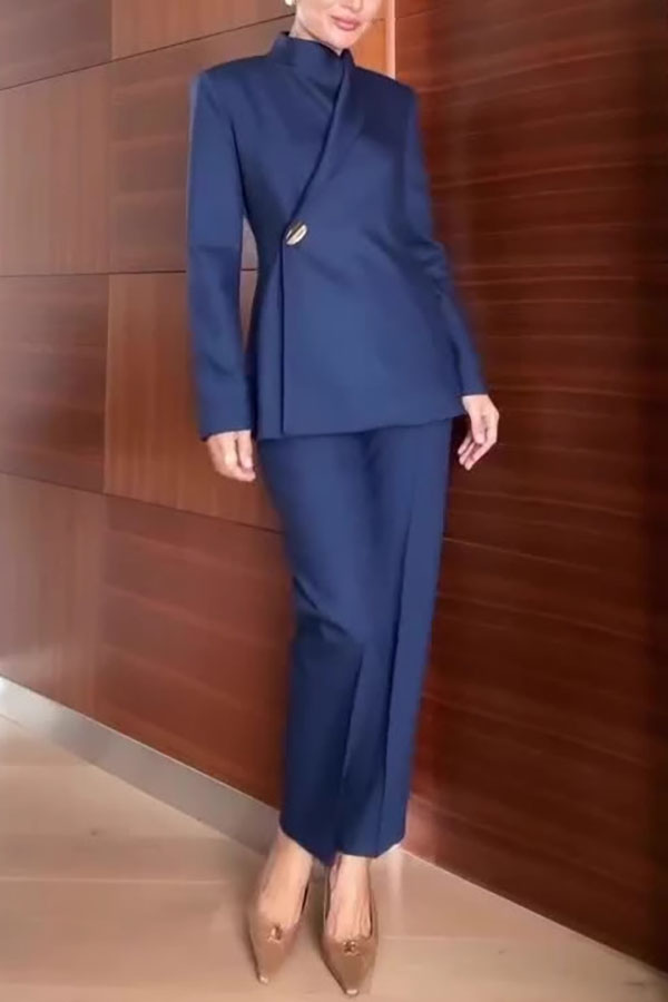 Elegant Women’s Navy Blue Pantsuit – Slim Fit Blazer with Asymmetric Button and Tailored Trousers for Business Office Wear-consonak