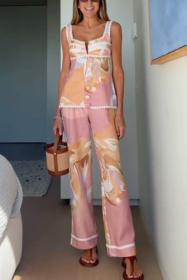 European Summer Linen Blend Ric Rac Trims Unique Print Button Tank-consonak