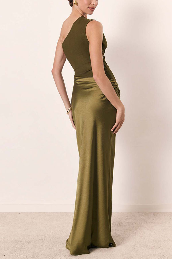 Kaia Satin Contrast Fabric Patchwork One Shoulder Ruched Maxi Dress | Consonak