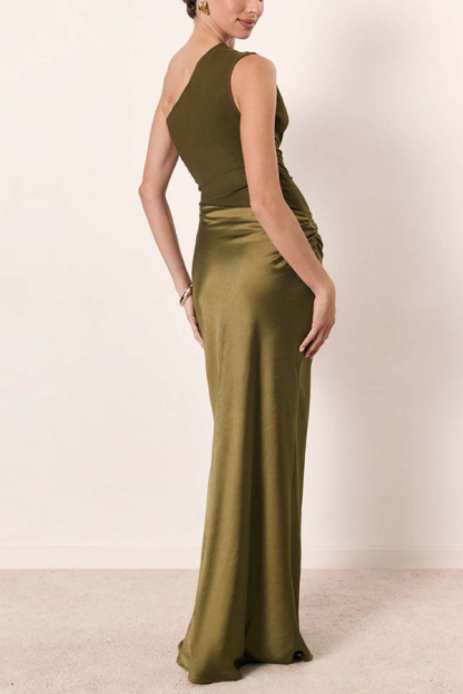 Kaia Satin Contrast Fabric Patchwork One Shoulder Ruched Maxi Dress-consonak