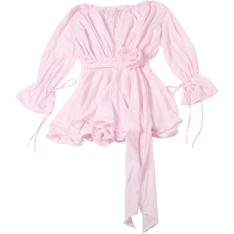 Solid Color Long Sleeve V-Neck Lace-Up Elegant Flower Decorated Mini Dress-consonak