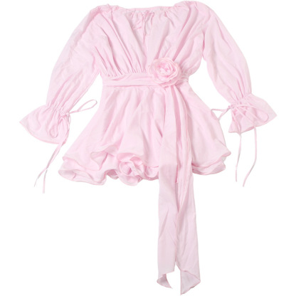 Solid Color Long Sleeve V-Neck Lace-Up Elegant Flower Decorated Mini Dress-consonak