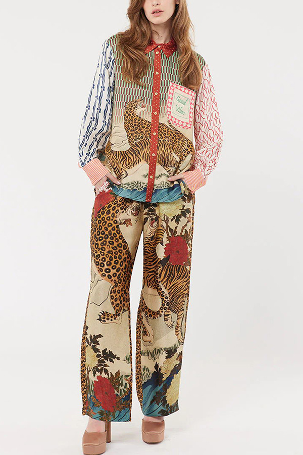Tropical Jungle Tiger Unique Print Long Sleeve Loose Shirt and Elastic Waist Pants Set-consonak