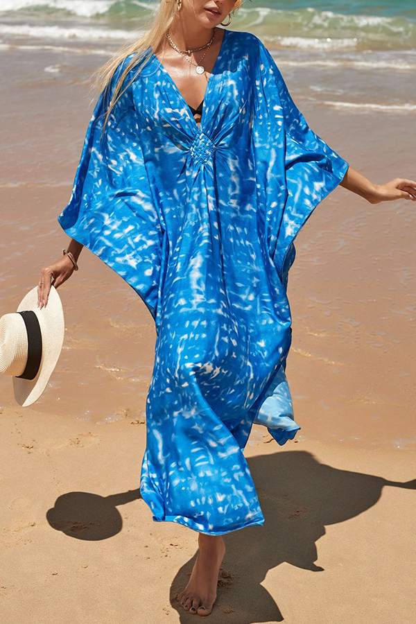 Simple Unique Printed Pleated Front Slit Cover Up-consonak