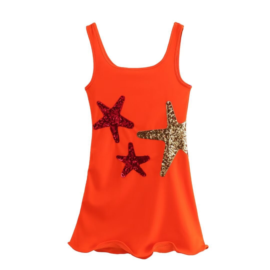 Beachside Dreams Starfish Sequin Wave Hem Stretch Tank Mini Dress | Consonak