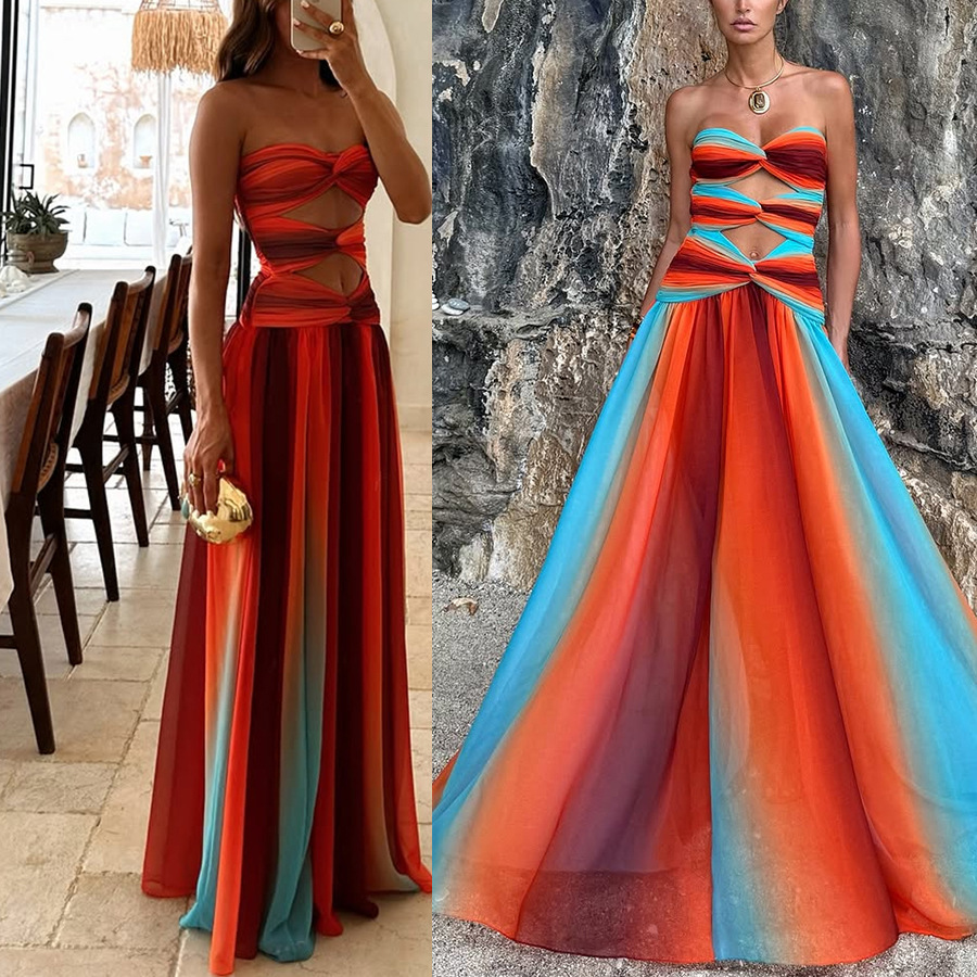 Ladies' Sunset Sexy strapless Fashion Tassel Printed Twisted Hollow Off Shoulder Vacation Long Dress-Consonak